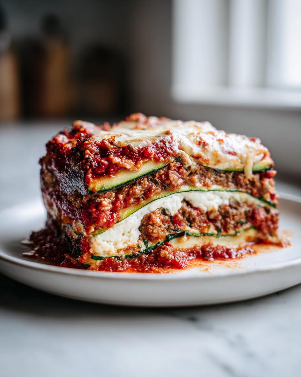 A tall, firm slice of zucchini lasagna layered with meat sauce, ricotta cheese, and melted mozzarella topping.