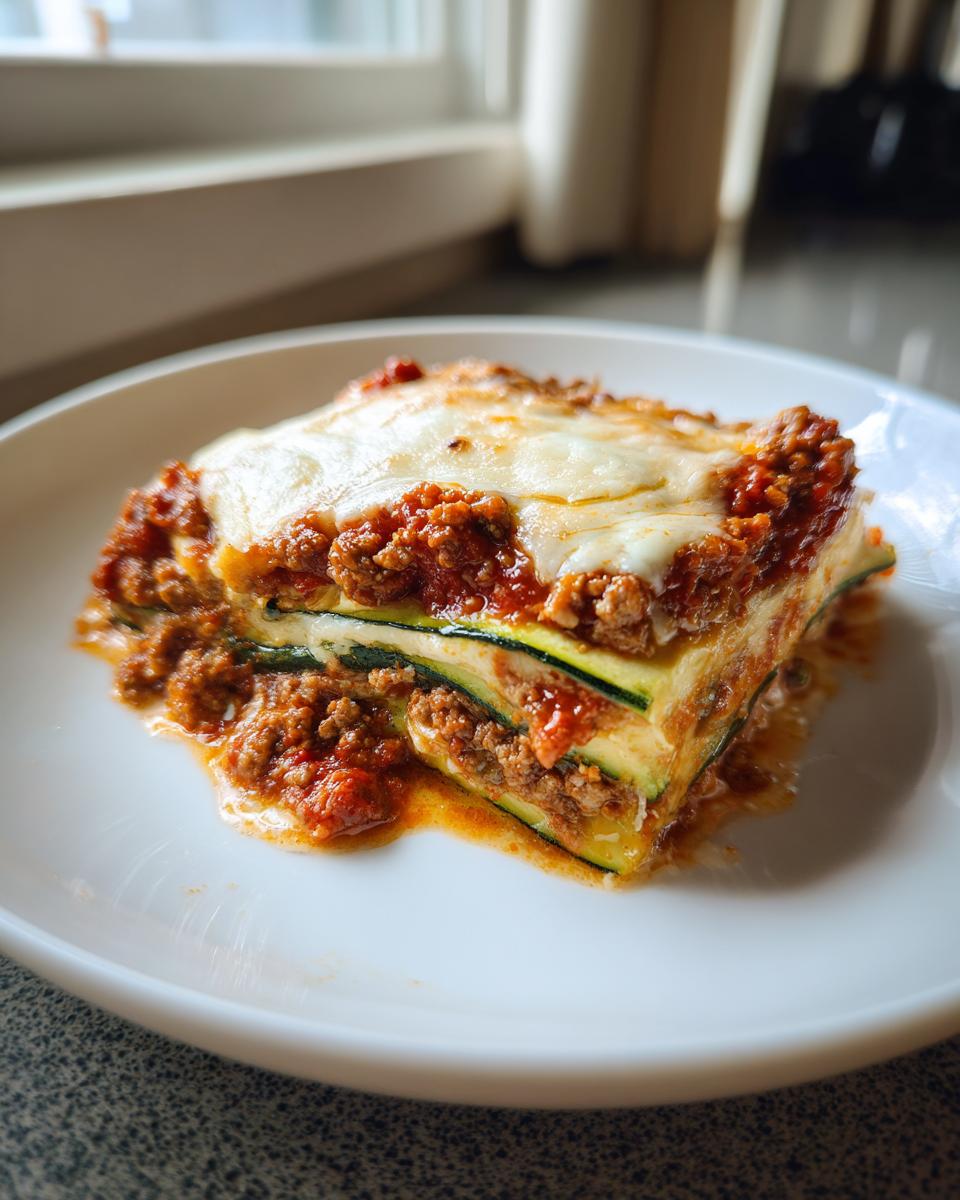 A single, firm slice of zucchini lasagna layered with meat sauce and melted mozzarella cheese, served on a white plate.