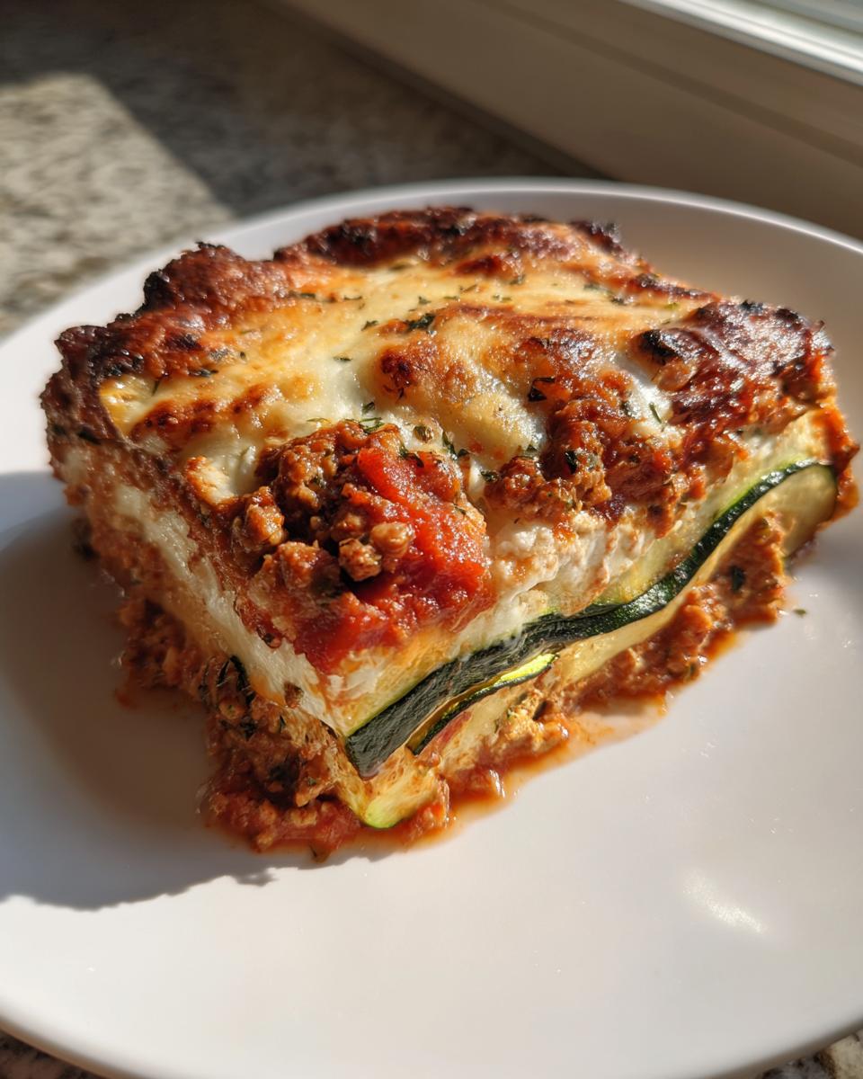 A single, firm slice of zucchini lasagna featuring layers of meat sauce, ricotta, and zucchini noodles, topped with melted cheese.