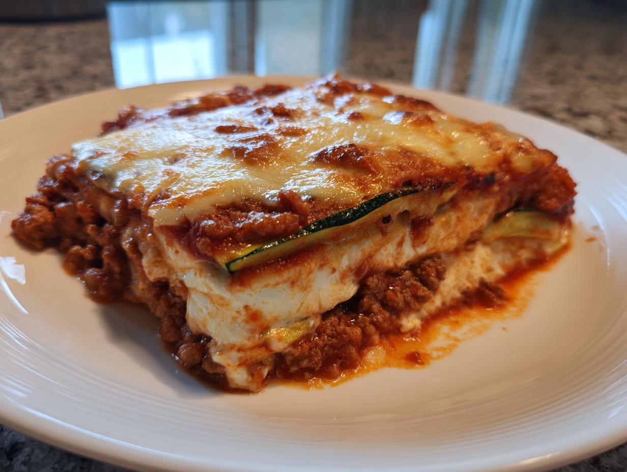 A thick, firm slice of zucchini lasagna layered with meat sauce, ricotta, and topped with melted, browned cheese.