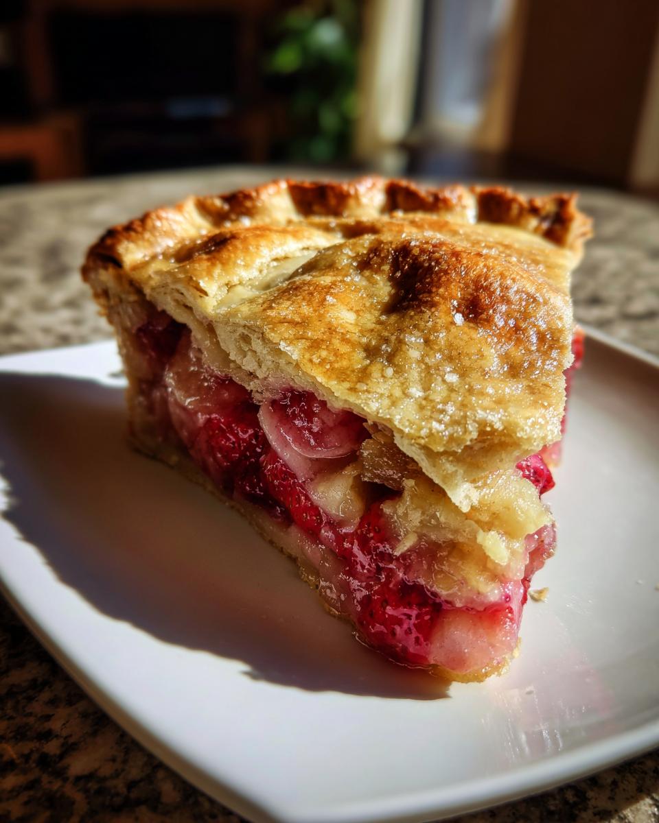 A close-up shot of a thick slice of strawberry rhubarb pie showing the juicy red filling and golden, sugared crust.