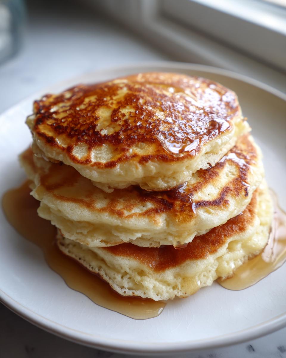 A tall stack of three fluffy banana pancakes generously drizzled with golden syrup.