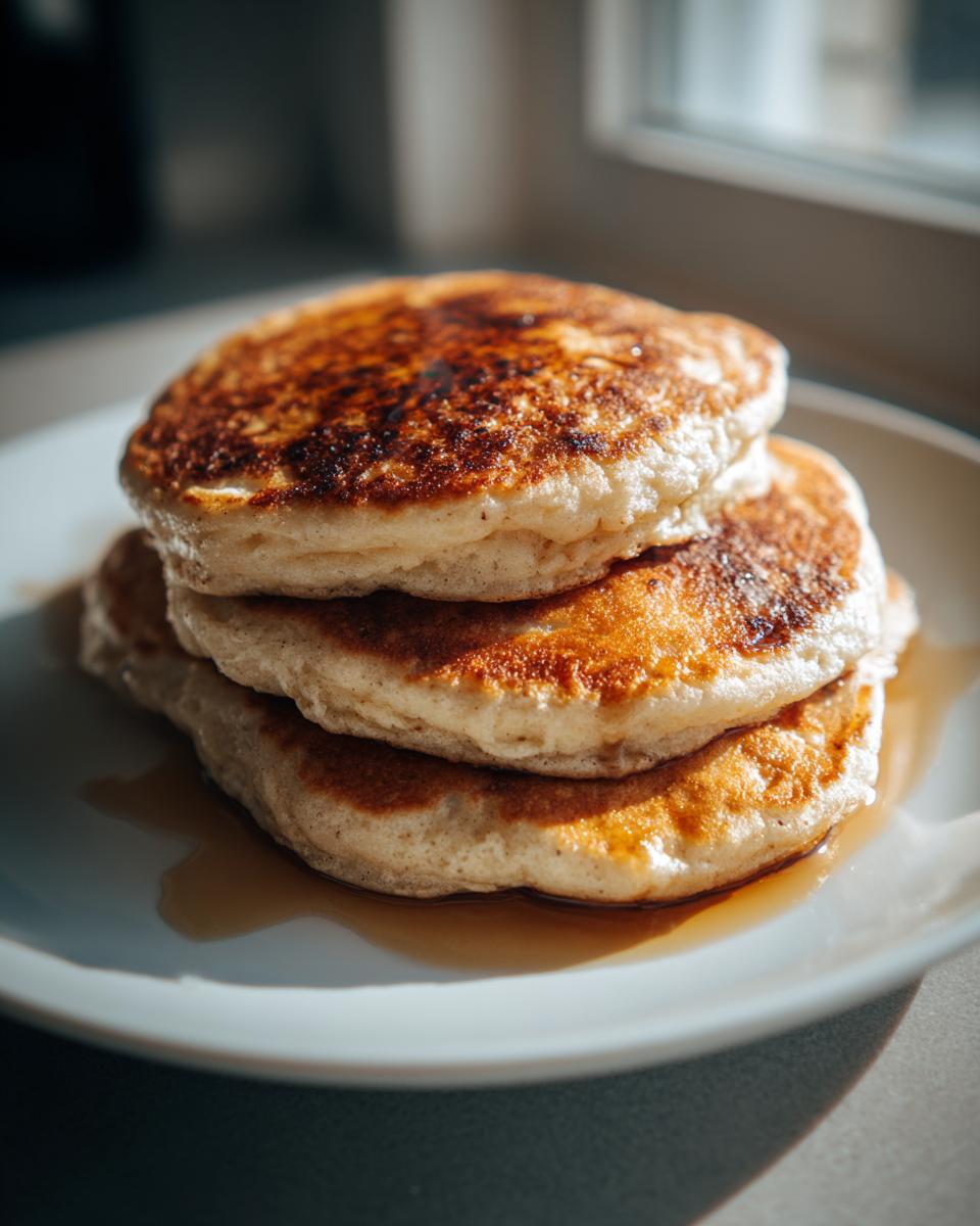 A stack of three fluffy banana pancakes drizzled with syrup, photographed in bright morning light.