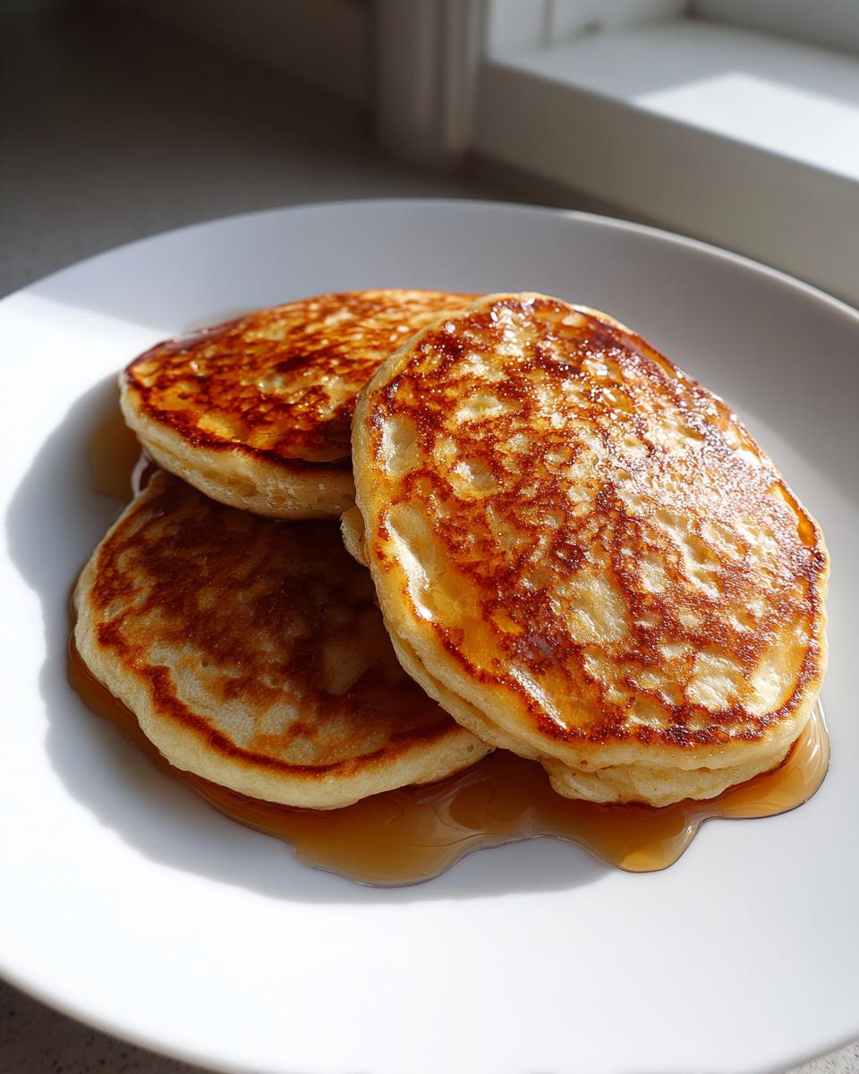 Three fluffy banana pancakes stacked on a white plate, generously drizzled with golden syrup.