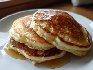 A close-up of a stack of three fluffy banana pancakes generously drizzled with golden syrup.