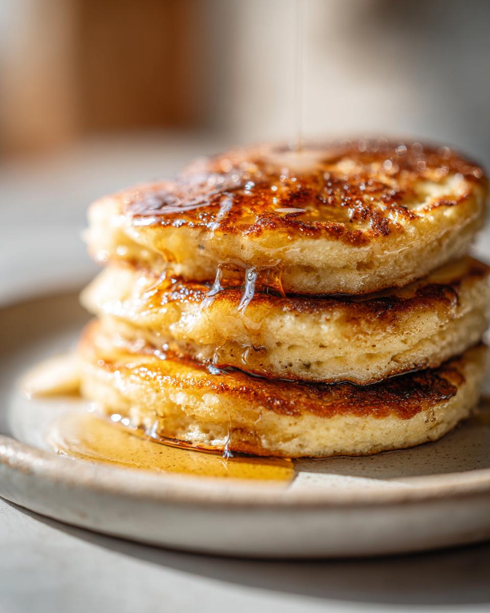 Close-up of a stack of three fluffy banana pancakes being drizzled with golden syrup.