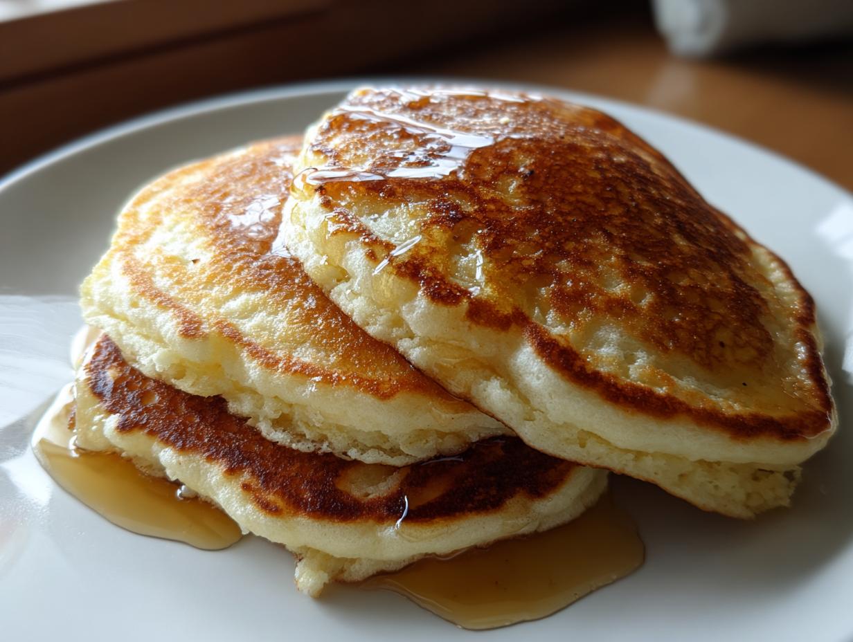 A close-up of a stack of three fluffy banana pancakes generously drizzled with golden syrup.