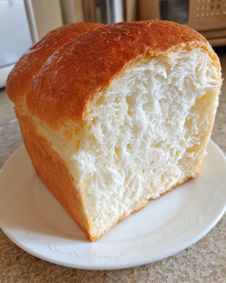 Close-up of a freshly baked japanese milk bread loaf, showing its incredibly soft, white, and fluffy interior crumb.