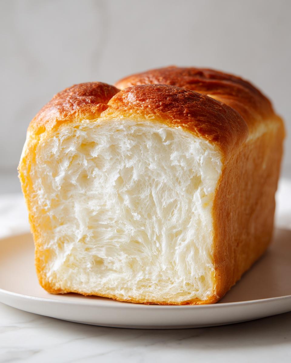 Close-up of a freshly baked japanese milk bread loaf cut in half, showing its incredibly soft, white, and stringy crumb texture.