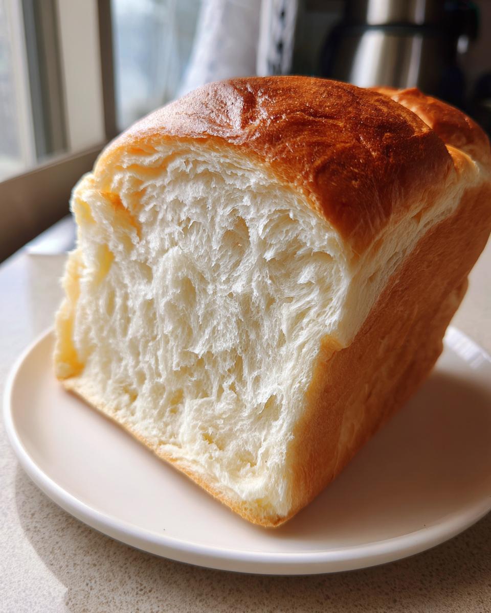 Close-up of a slice of japanese milk bread showing its incredibly soft, white, and fluffy interior crumb.