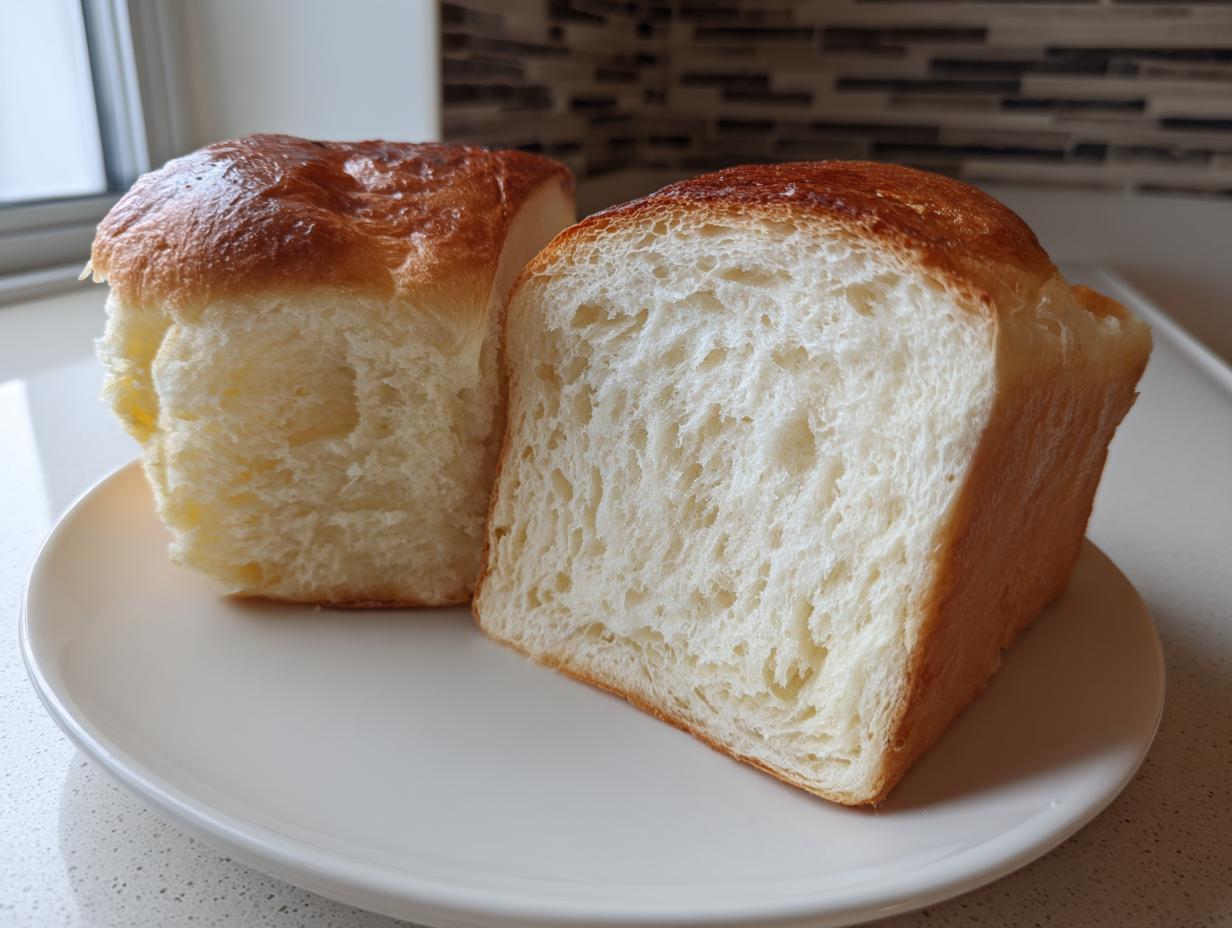 Two halves of a freshly baked japanese milk bread loaf showing its soft, white interior and golden-brown crust.