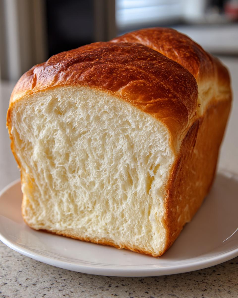 A close-up of a freshly baked loaf of japanese milk bread, showing its incredibly soft, white interior crumb and golden-brown crust.