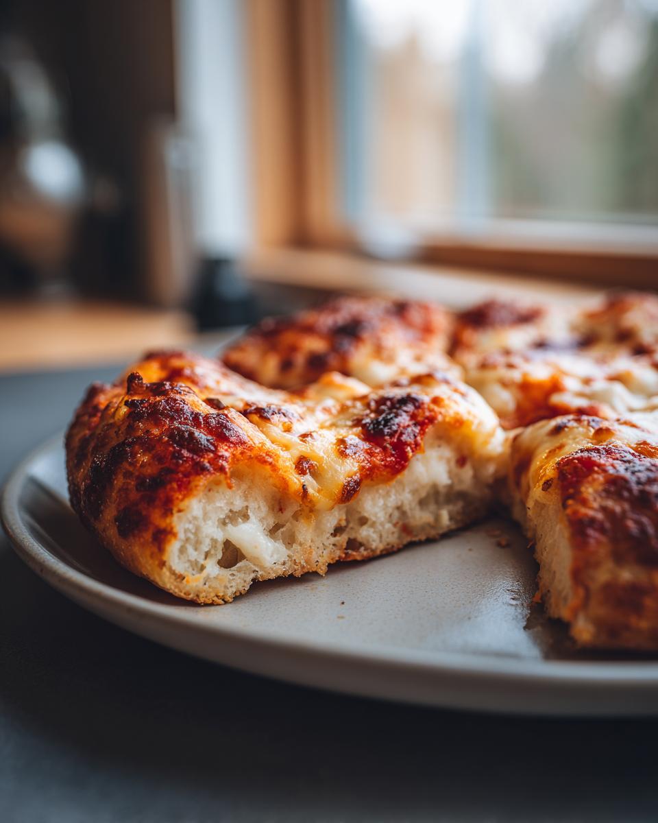 A close-up, cross-section view of a slice of cheesy pizza made with keto pizza crust, showing its fluffy interior.