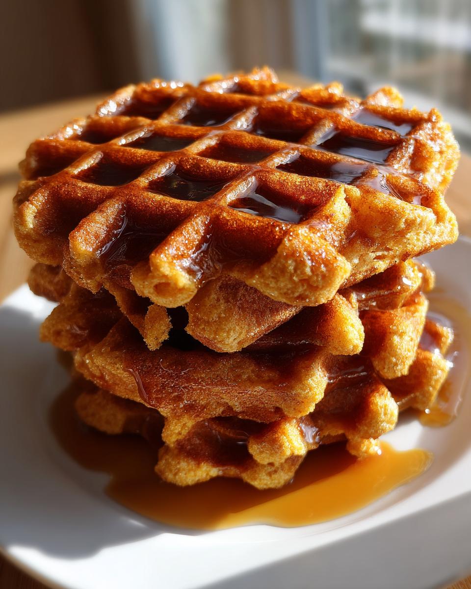 A close-up stack of three golden-brown pumpkin waffles generously drizzled with syrup.