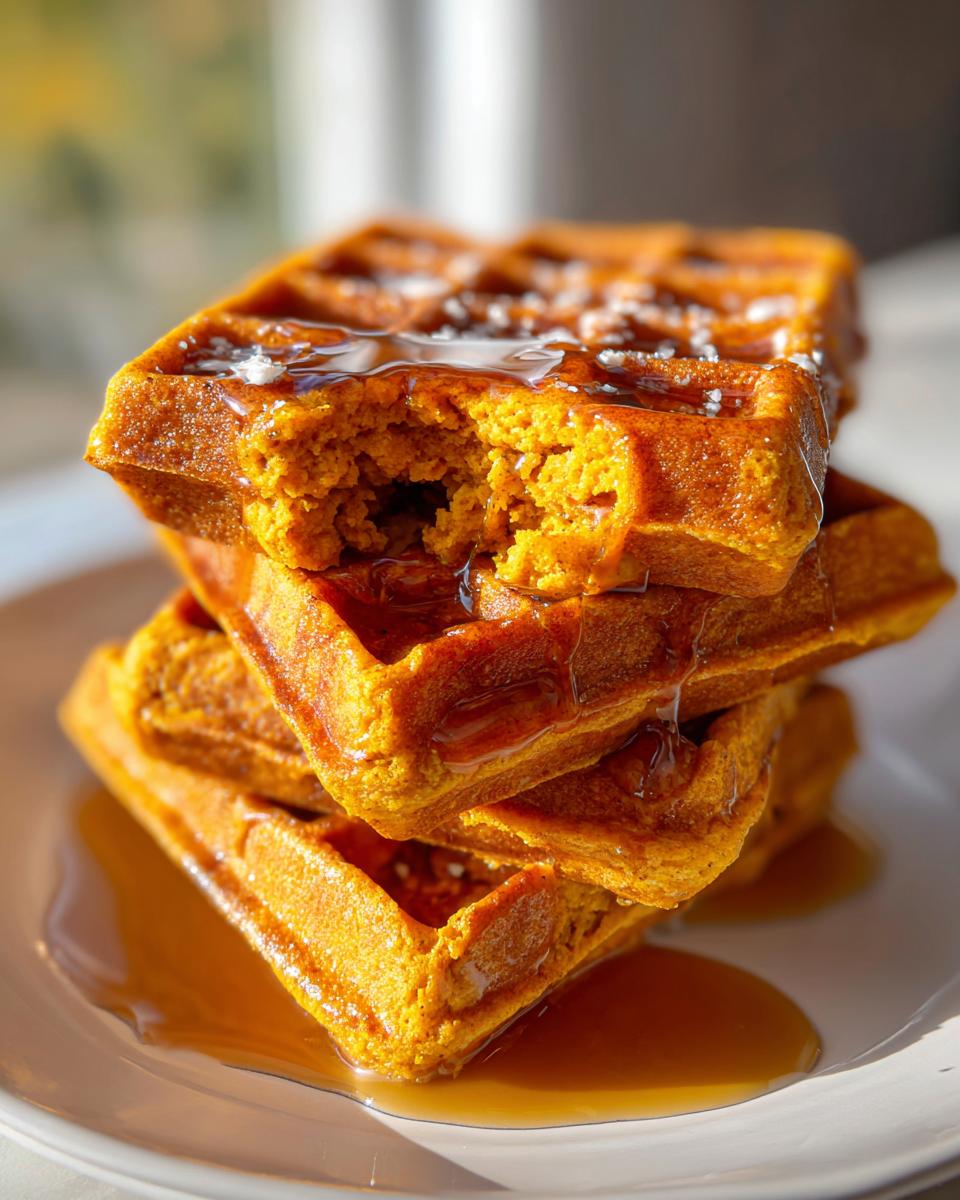 A close-up of a stack of fluffy pumpkin waffles drizzled generously with maple syrup, showing a bite taken out.
