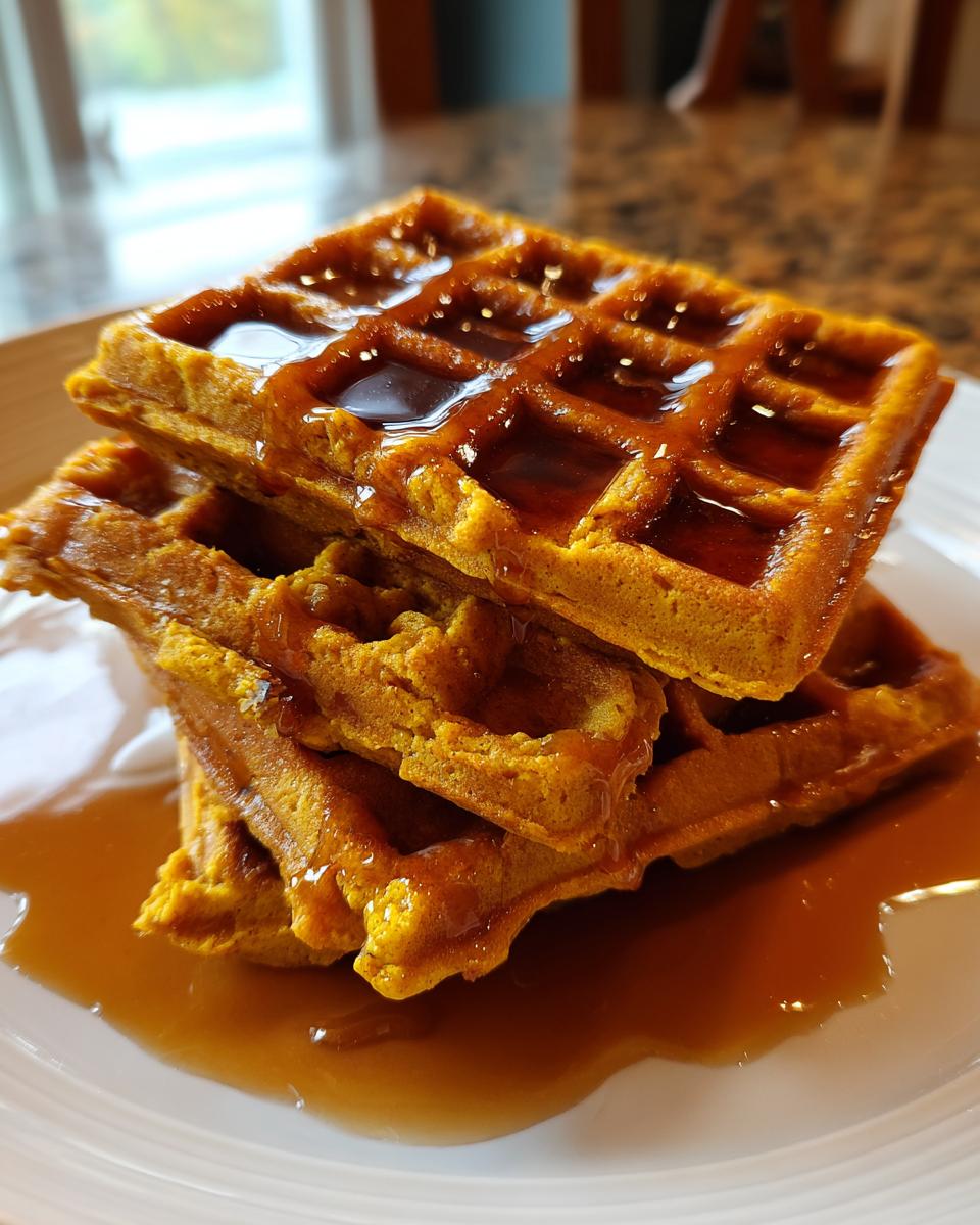 A stack of three golden brown pumpkin waffles generously drizzled with maple syrup on a white plate.