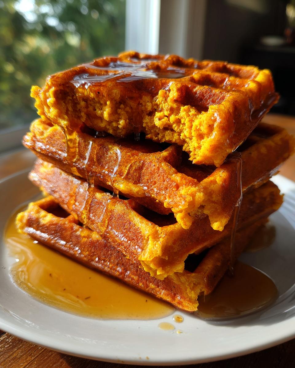 A tall stack of golden-orange pumpkin waffles drizzled generously with maple syrup.