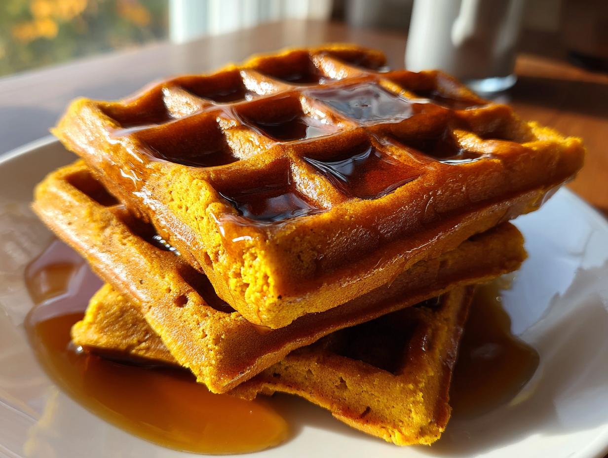 Close-up of a stack of three golden-orange pumpkin waffles generously drizzled with maple syrup.