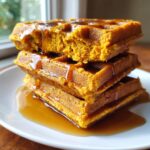 Close-up of a stack of three fluffy pumpkin waffles generously covered in maple syrup.