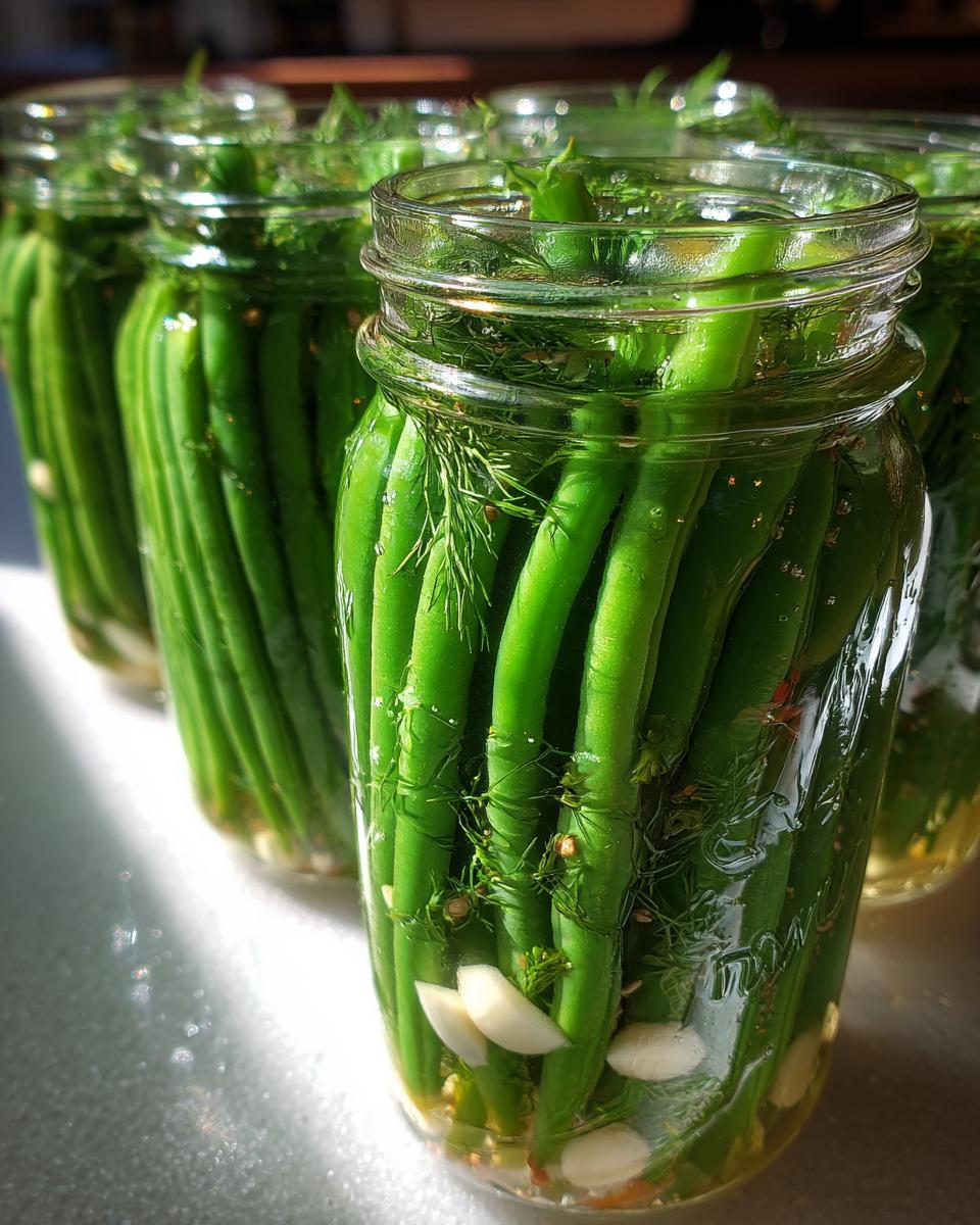 Close-up of several glass jars packed vertically with fresh green beans, dill, and garlic cloves for making dilly beans.
