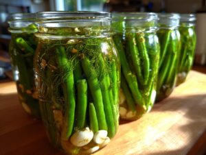A row of glass mason jars filled with bright green dilly beans, dill fronds, and garlic cloves, ready for pickling.