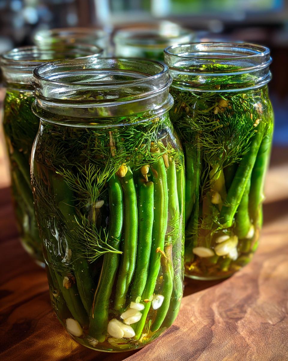 Close-up of several glass jars filled with bright green dilly beans, fresh dill sprigs, and garlic cloves submerged in brine.