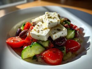 Close-up of a vibrant greek salad featuring large cubes of feta cheese, cherry tomatoes, cucumbers, and Kalamata olives.