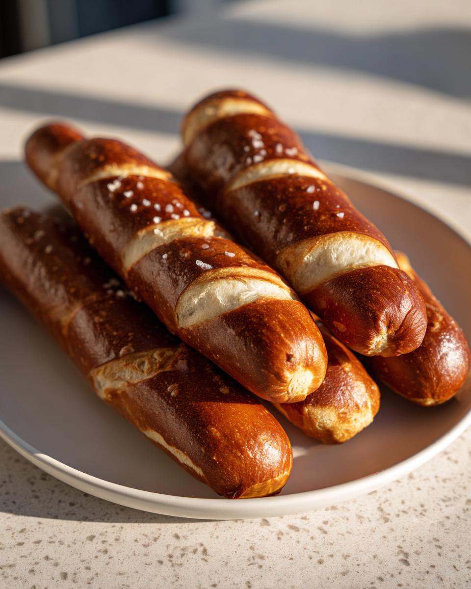 A stack of golden-brown, freshly baked pretzel dogs sprinkled with coarse salt on a white plate.