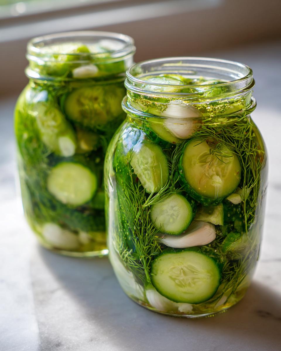 Two glass jars filled with sliced cucumbers, fresh dill, and garlic, ready to become refrigerator pickles.