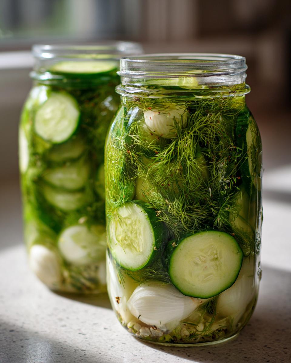 Two glass jars filled with fresh cucumber slices, dill, and garlic for making refrigerator pickles.