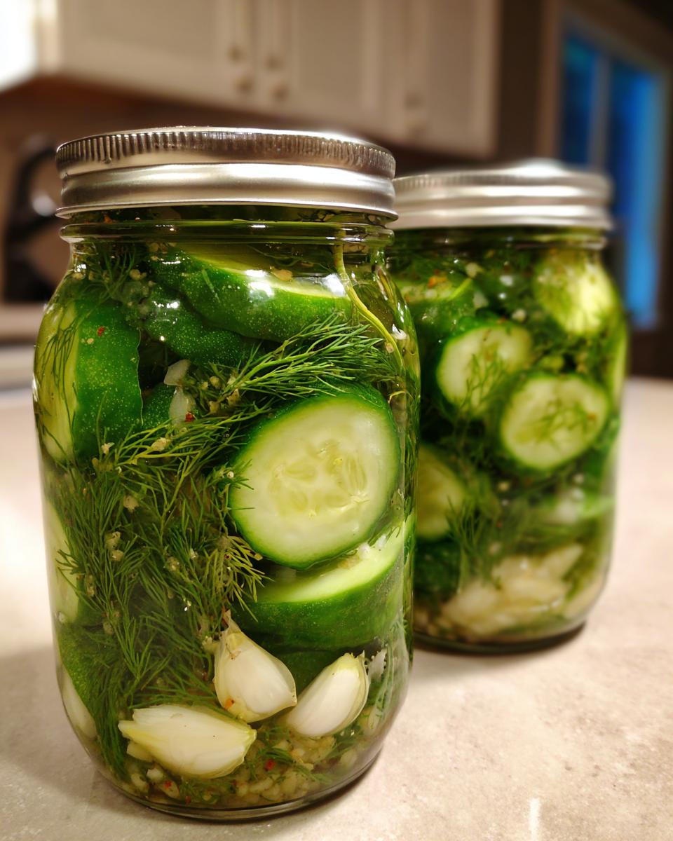 Close-up of two jars filled with fresh cucumbers, dill, and garlic cloves for making refrigerator pickles.