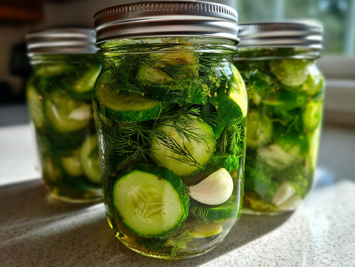 Close-up of fresh refrigerator pickles packed tightly in a glass mason jar with dill and garlic cloves.