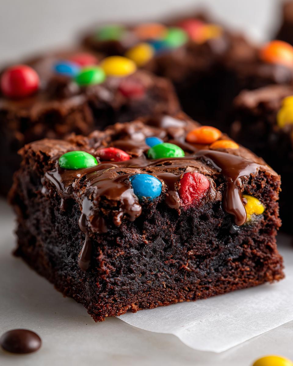 Close-up of a fudgy cosmic brownie square topped with colorful candies and dripping chocolate glaze.