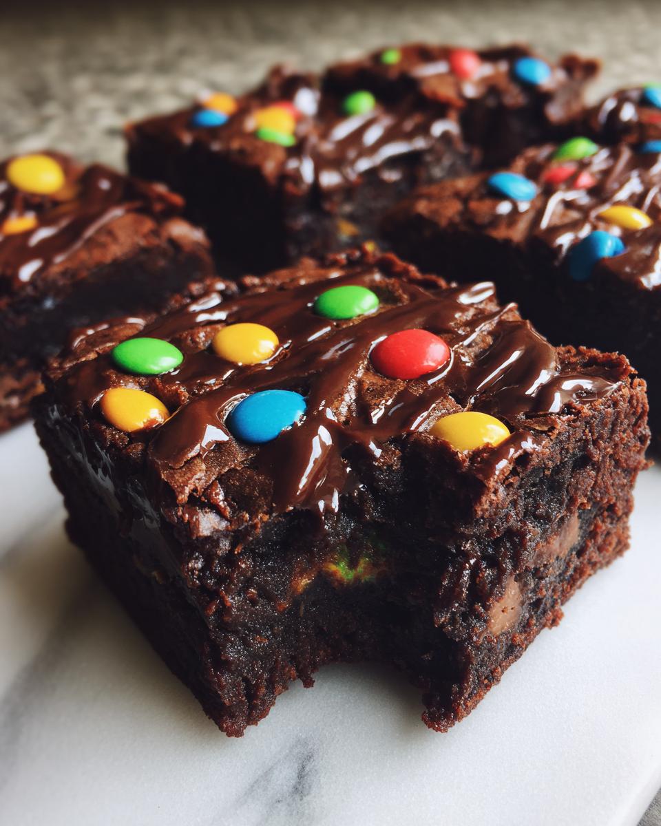 Close-up of a fudgy cosmic brownies square with a bite taken out, topped with chocolate glaze and colorful candies.