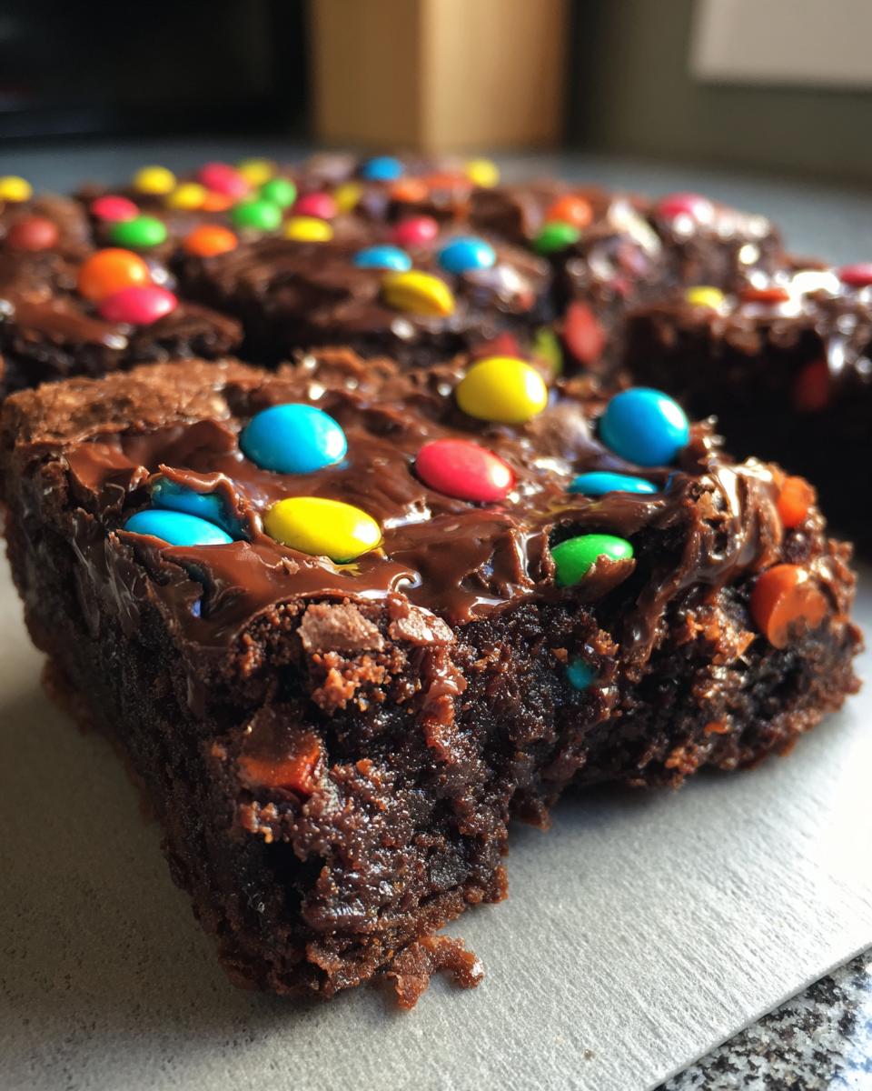 Close-up of a fudgy square of cosmic brownies topped with melted chocolate frosting and colorful candy-coated chocolates.