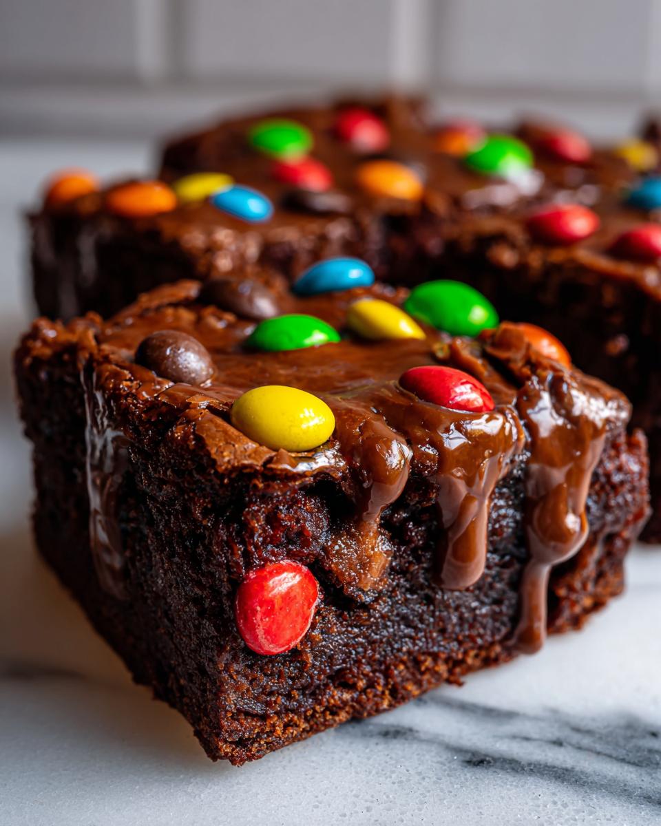Close-up of a fudgy cosmic brownie square topped with melted chocolate glaze and colorful candy-coated chocolates.