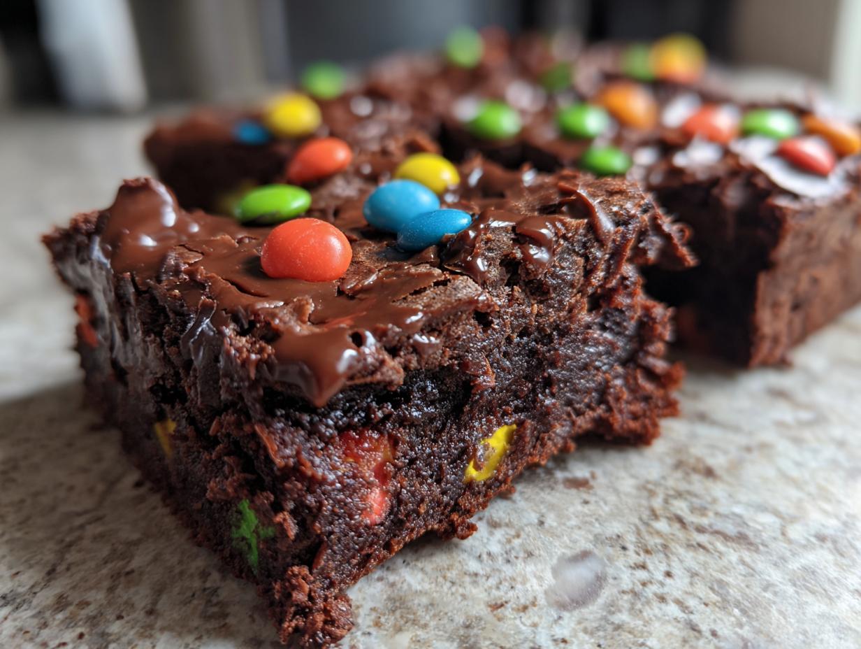 Close-up of a fudgy square of cosmic brownies topped with melted chocolate glaze and colorful candy pieces.