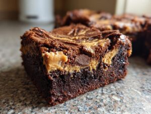 Close-up of a fudgy peanut butter swirl brownies slice showing rich chocolate texture and peanut butter pockets.