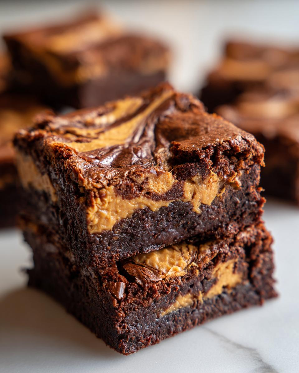 Close-up of two stacked, fudgy peanut butter swirl brownies showing the rich chocolate base and creamy peanut butter layer.