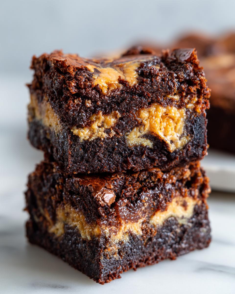 Two fudgy peanut butter swirl brownies stacked on a white marble surface, showing the rich chocolate texture and creamy swirl.