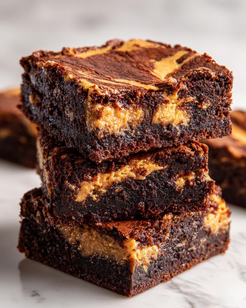A stack of three fudgy peanut butter swirl brownies showing the rich chocolate and creamy peanut butter layers.