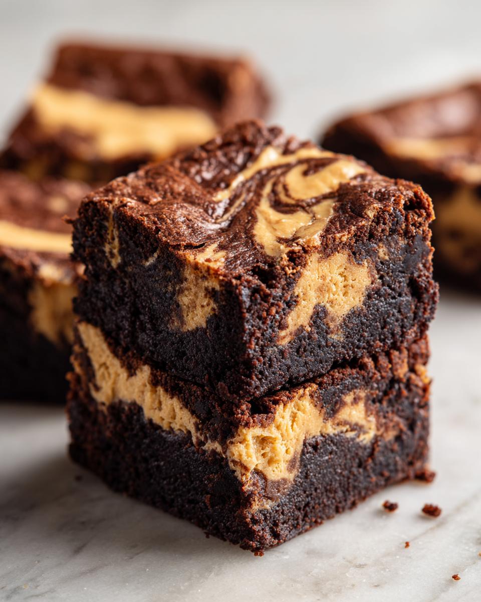 Two fudgy peanut butter swirl brownies stacked on a marble surface, showing rich chocolate and creamy peanut butter layers.