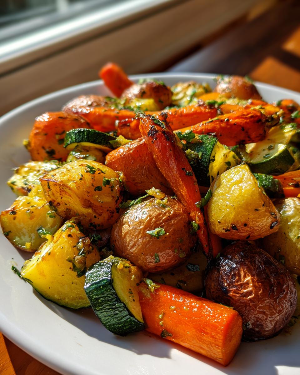 A close-up of vibrant Garlic Herb Roasted Veggies, including roasted carrots, potatoes, and zucchini, glistening with herbs.