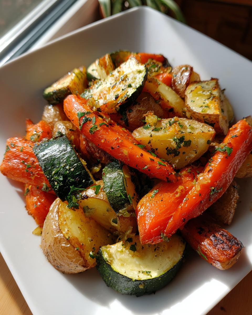 A close-up of vibrant Garlic Herb Roasted Veggies including carrots, potatoes, and zucchini, seasoned with herbs.