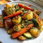 A close-up of perfectly roasted potatoes, carrots, and zucchini coated in a vibrant Garlic Herb Roasted Veggies seasoning.