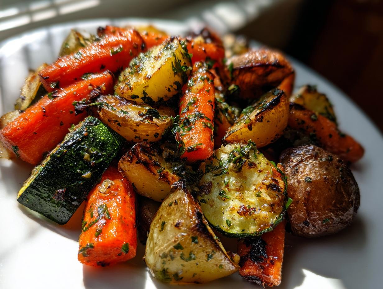 Close-up of perfectly roasted carrots, potatoes, and zucchini seasoned with Garlic Herb Roasted Veggies mix.