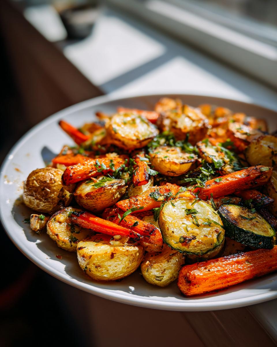 A close-up of perfectly caramelized Garlic Herb Roasted Veggies, including potatoes, carrots, and zucchini, sprinkled with fresh herbs.