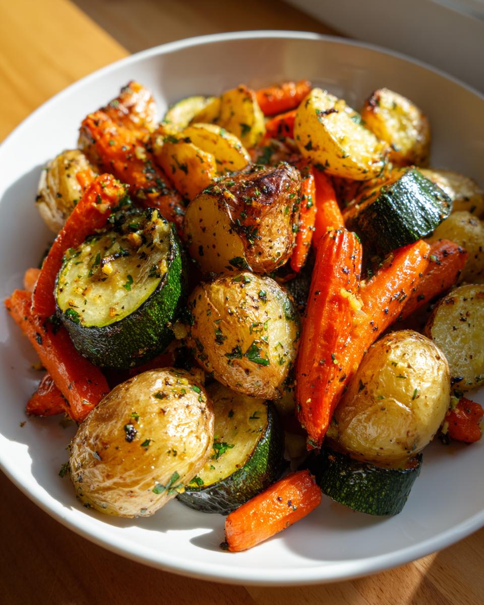 A white bowl filled with glistening Garlic Herb Roasted Veggies, including small potatoes, carrots, and zucchini slices.