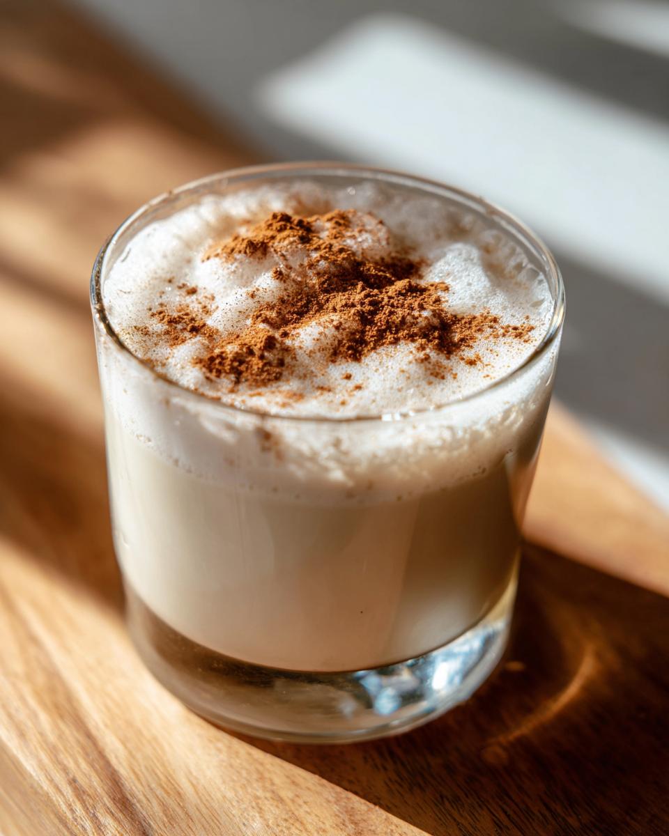 Close-up of a glass filled with creamy coquito, topped with thick foam and a dusting of ground cinnamon.