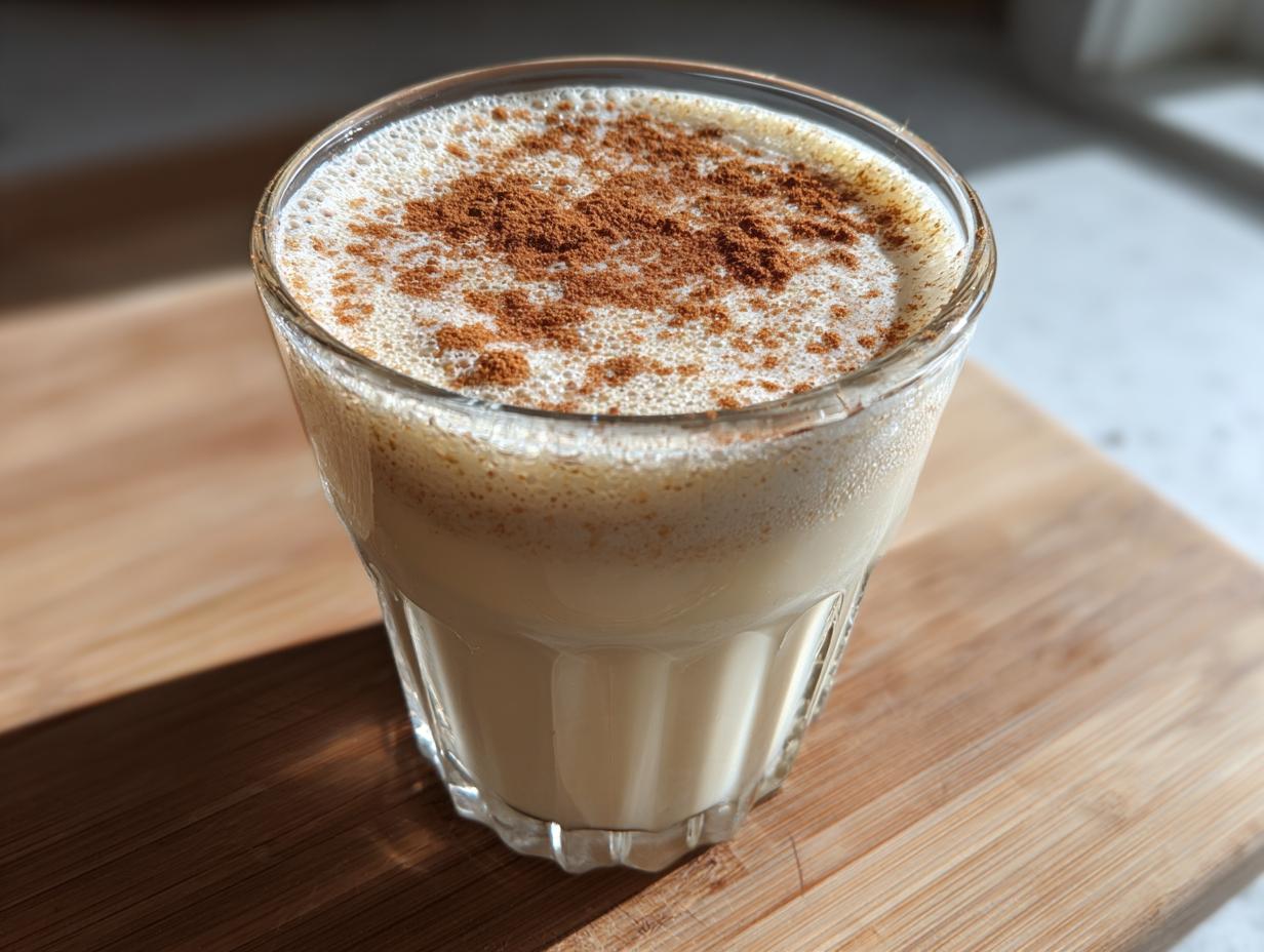 A glass of creamy, light-colored coquito topped generously with ground cinnamon, sitting on a wooden surface.